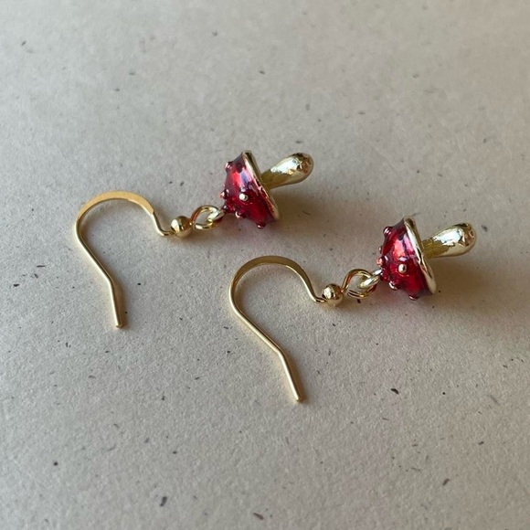 Gold Mushroom Charm Dangle Earrings - Picture 4 of 6
